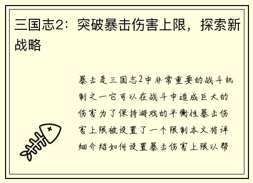 三国志2：突破暴击伤害上限，探索新战略